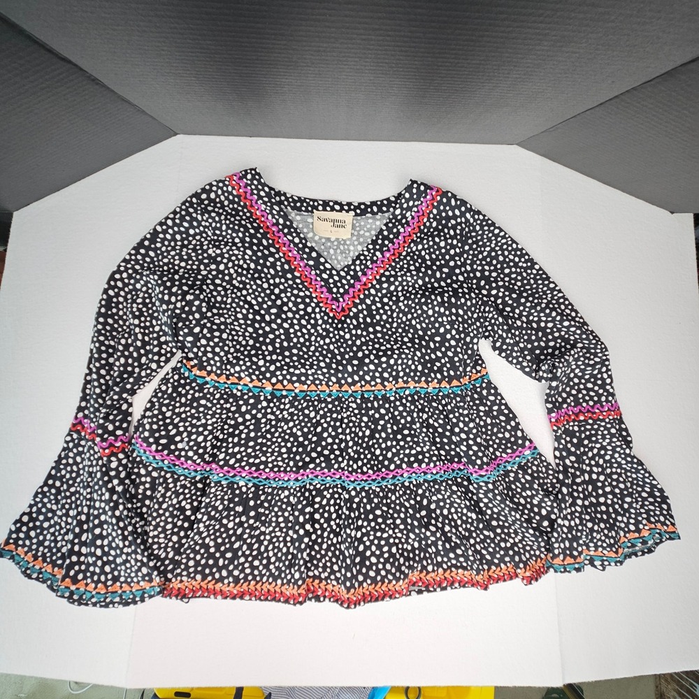 Savanna Jane Black Polka Dot Bell Sleeve‎ Artsy Boho Embroidered Blouse Large